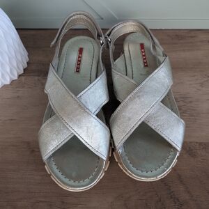 Prada Silver Leather Platform Sandals